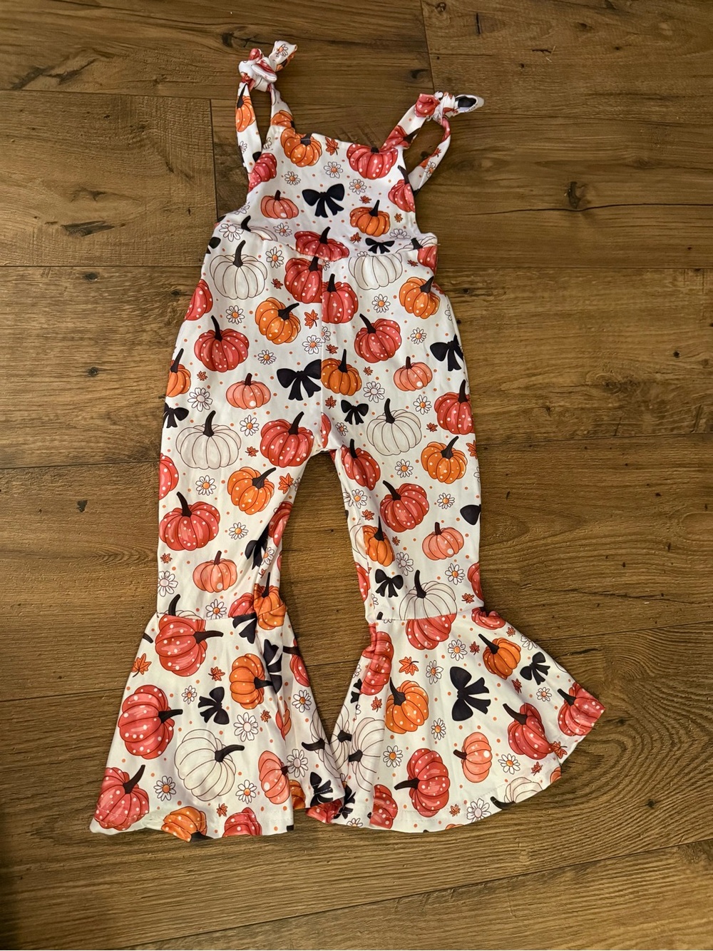 Girls White Pumpkin Print Ruffle Overalls